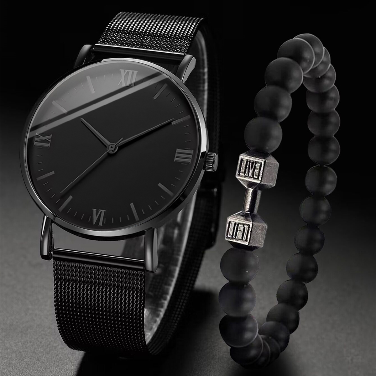 Stainless Mesh Band - 2 個メンズ腕時計ファッションローマクォーツ時計スチールメッシュバンド腕時計ブレスレットセット