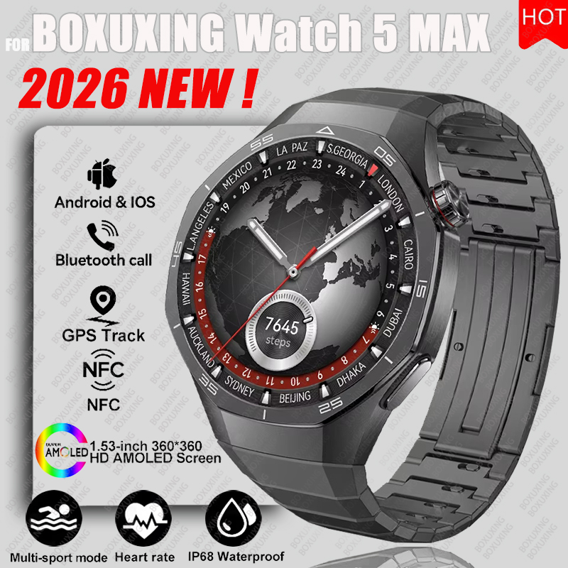 Smartwatch Instagram - 2026年新型BOXUXING Watch 5 MAXスマートウォッチ、HD AMOLEDスクリーン、NFC、GPSトラッカー、Bluetooth通話、健康防水機能搭載、男女兼用スマートウォッチ