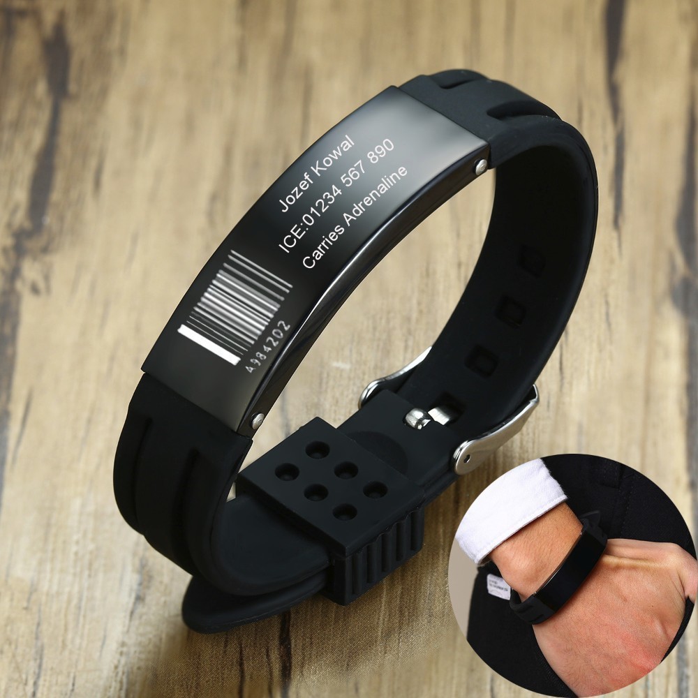 Silicone Band Replacement - パーソナライズされたシリコンブレスレット,ブラックカラー,16mm,ステンレススチール,刻印可能,調整可能