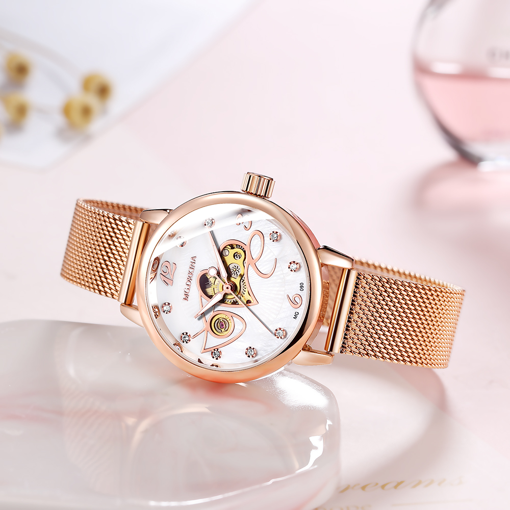 ORKINA 自動巻き時計女性用オープンヒートメカニカルダイ - Stainless Mesh Band のレビューと価格