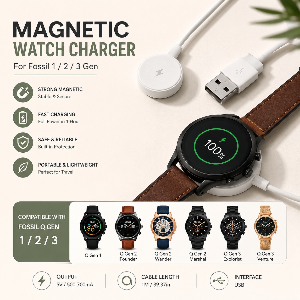 USB ウォッチ充電器アダプター スマートウォッチ充電ケーブ - Fossil Smartwatch Accessories のレビューと価格
